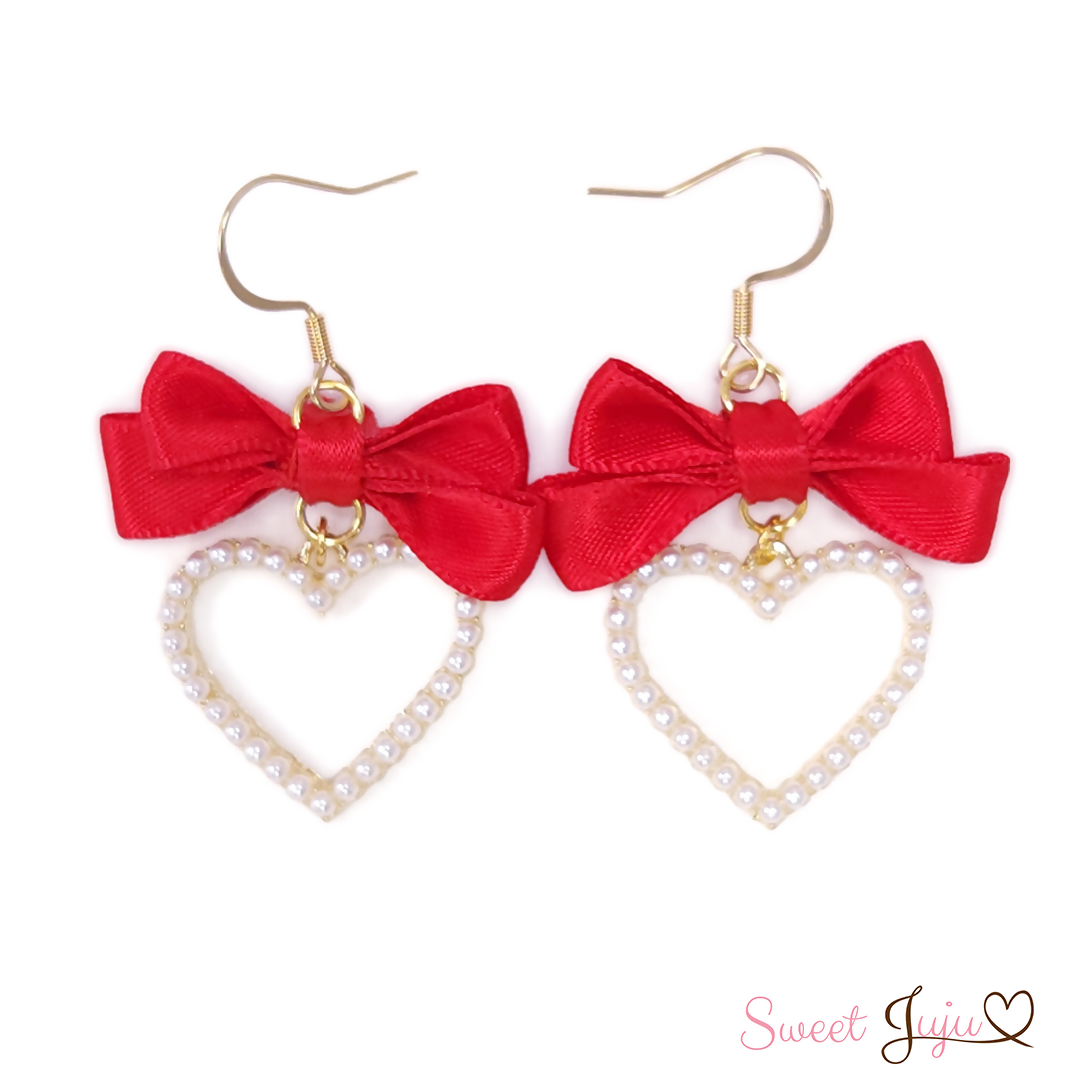 ribbon heart earrings red