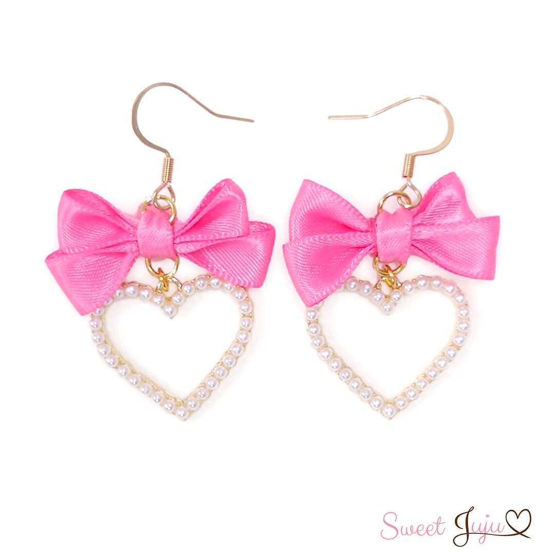 ribbon heart earrings dark pink