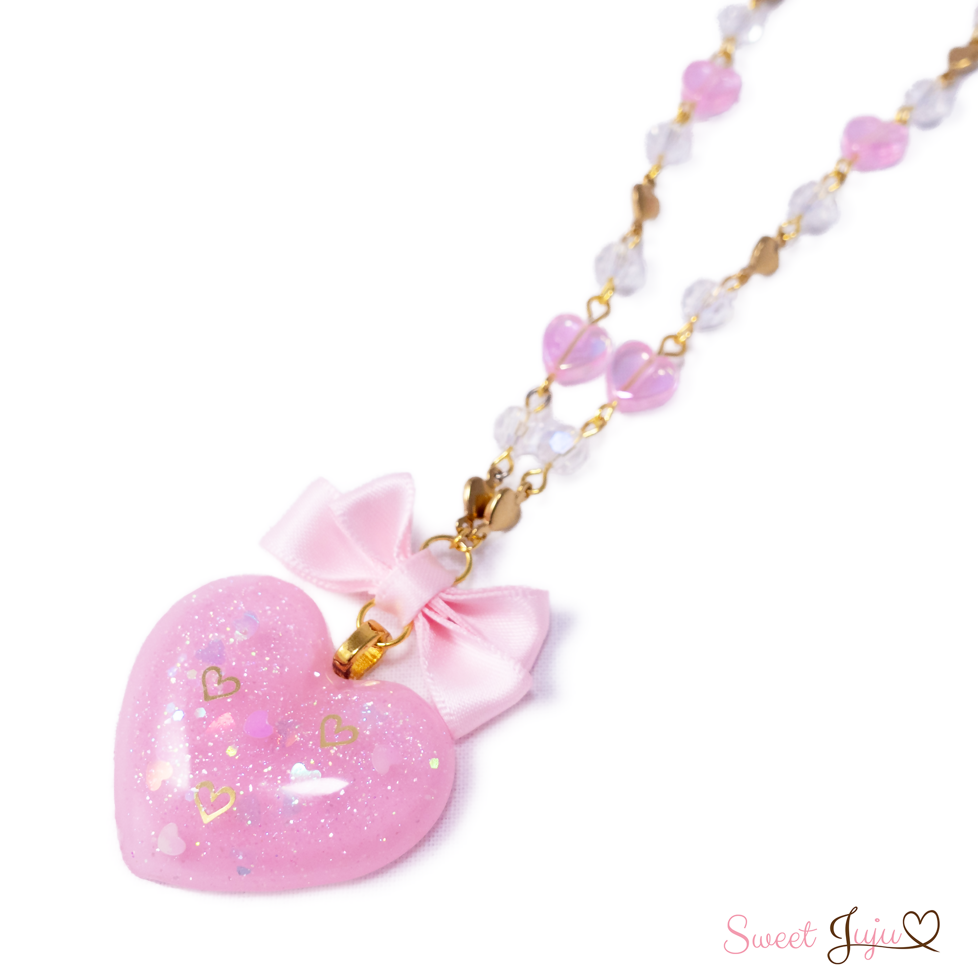 lovely glitter heart necklace pink